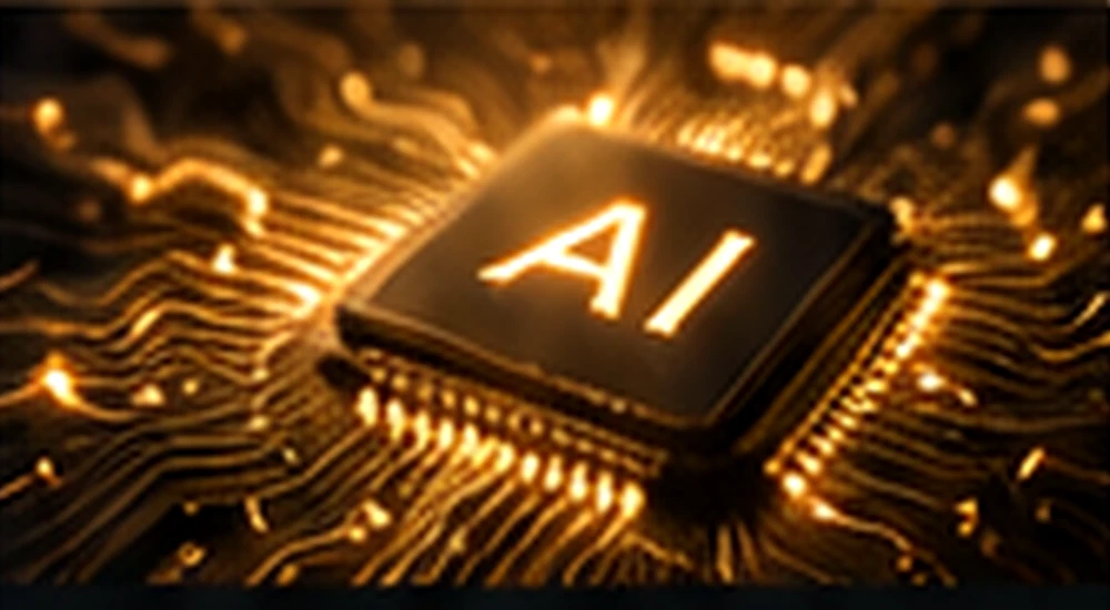 Golden microchip illuminated with AI lettering
